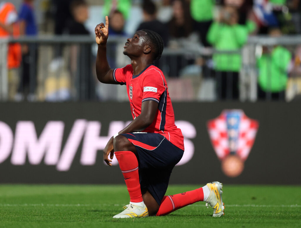 RIJEKA, CROATIA - OCTOBER 03: Bukayo Saka of England celebrates scoring his team’s fourth goal during the UEFA Nations League 2026/27 group phase match between Croatia and England at Stadion HNK Rijeka on October 03, 2026 in Rijeka, Croatia. (Photo by Carl Recine/Getty Images)