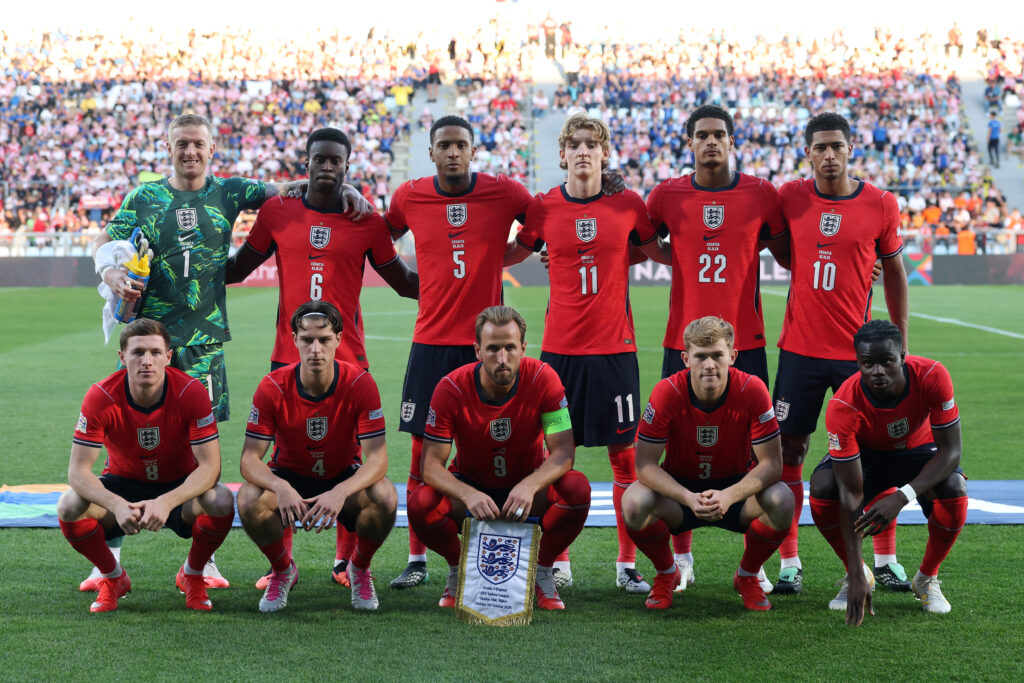 RIJEKA, CROATIA - OCTOBER 03: Players of England pose for a team photograph before the UEFA Nations League 2026/27 group phase match between Croatia and England at Stadion HNK Rijeka on October 03, 2026 in Rijeka, Croatia. (Photo by Carl Recine/Getty Images)