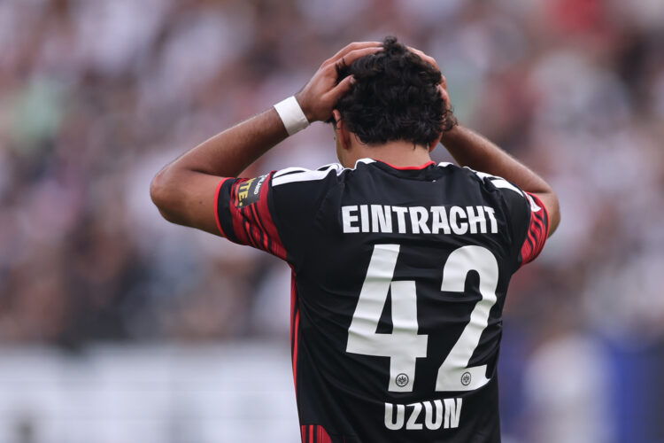 FRANKFURT AM MAIN, GERMANY - SEPTEMBER 19: Can Uzun of Eintracht Frankfurt reacts during the Bundesliga 2026/27 match between Eintracht Frankfurt a...