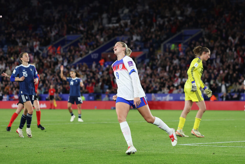 LEICESTER, ENGLAND - OCTOBER 13: Alessia Russo of England celebrates scoring her team’s fifth goal during the FIFA Women's World Cup 2027 Women's European Qualifiers Play-offs Round 1: Second Leg between England and Greece at The King Power Stadium on October 13, 2026 in Leicester, England. (Photo by Morgan Harlow/Getty Images)