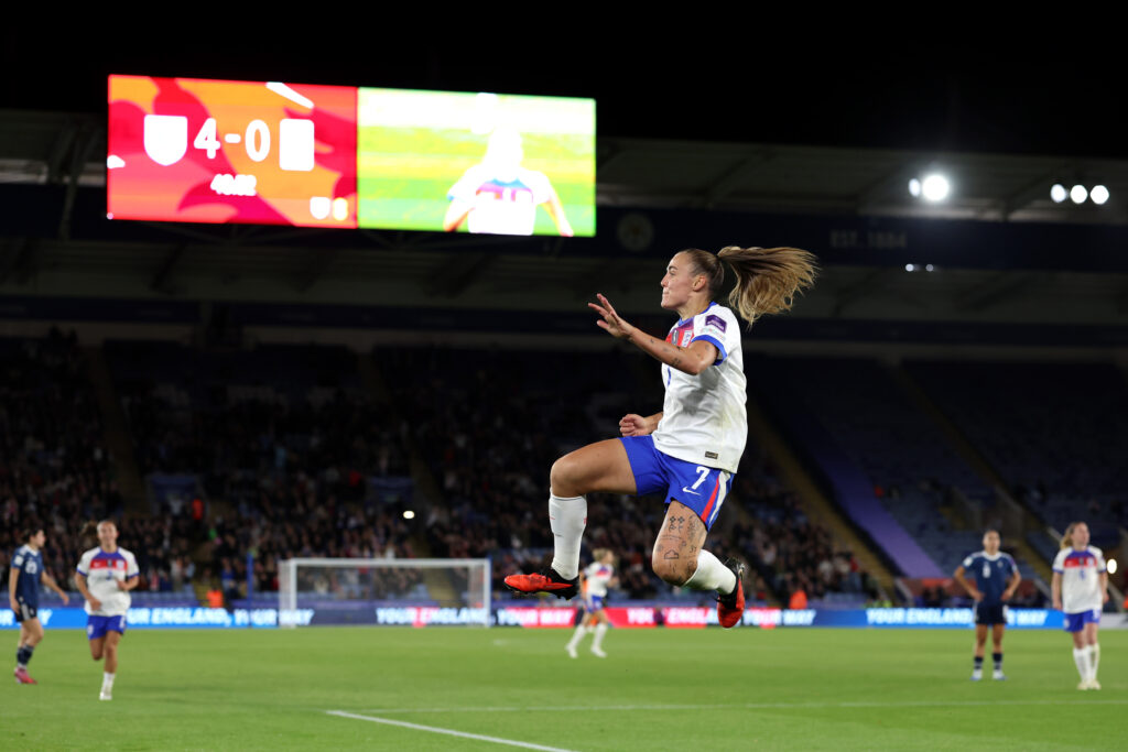 LEICESTER, ENGLAND - OCTOBER 13: Georgia Stanway of England celebrates scoring a goal that is later disallowed due to an offside during the FIFA Women's World Cup 2027 Women's European Qualifiers Play-offs Round 1: Second Leg between England and Greece at The King Power Stadium on October 13, 2026 in Leicester, England. (Photo by Morgan Harlow/Getty Images)