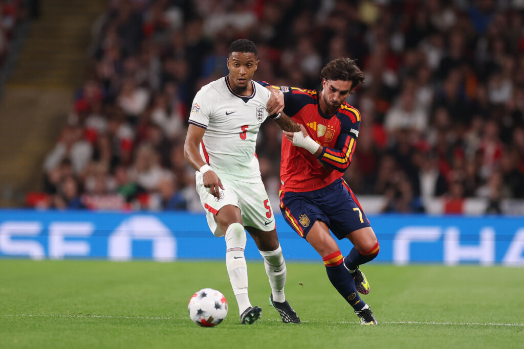 LONDON, ENGLAND - SEPTEMBER 26: Ezri Konsa of England is challenged by Ferran Torres of Spain during the UEFA Nations League 2026/27 group phase match between England and Spain at Wembley Stadium on September 26, 2026 in London, England. (Photo by Carl Recine/Getty Images)