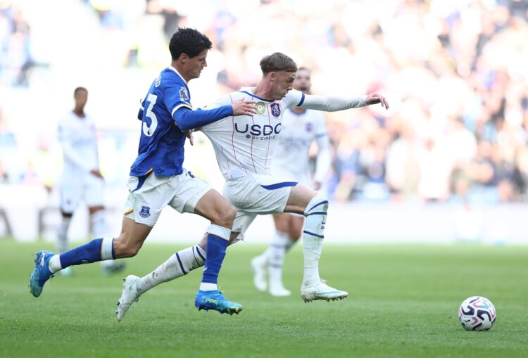Cole Palmer of Chelsea is fouled by Christian Norgaard of Everton during the Premier League 2026/27 match between Everton and Chelsea FC at Hill Di...