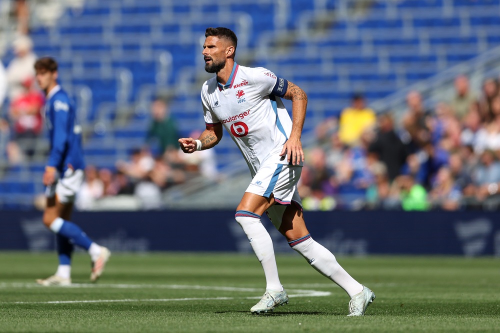 Olivier Giroud of OSC Lille looks on during the pre-season friendly match between Everton and OSC Lille at Hill Dickinson Stadium on August 15, 2026 in Liverpool, England. (Photo by Jess Hornby/Getty Images)