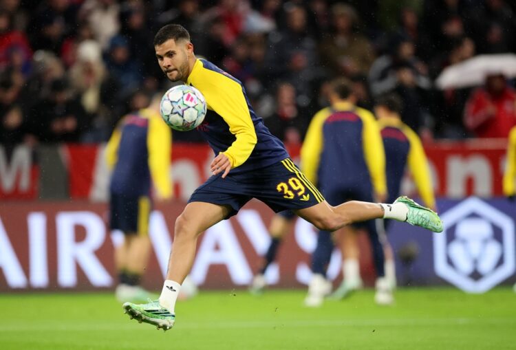 Bruno Guimaraes of Arsenal warms up before the UEFA Champions League 2026/27 League Phase MD3 match between FC Bayern München and Arsenal FC at Foo...