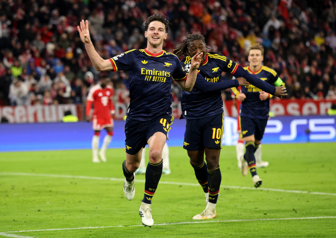 MUNICH, GERMANY - OCTOBER 21: Declan Rice of Arsenal celebrates scoring his team’s second goal during the UEFA Champions League 2026/27 League Phas...