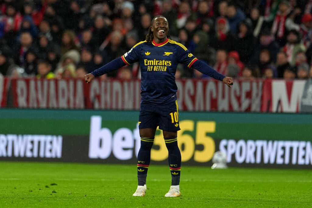 MUNICH, GERMANY - OCTOBER 21: Eberechi Eze of Arsenal celebrates scoring his team’s first goal during the UEFA Champions League 2026/27 League Phase MD3 match between FC Bayern München and Arsenal FC at Football Arena Munich on October 21, 2026 in Munich, Germany. (Photo by Leonhard Simon/Getty Images)