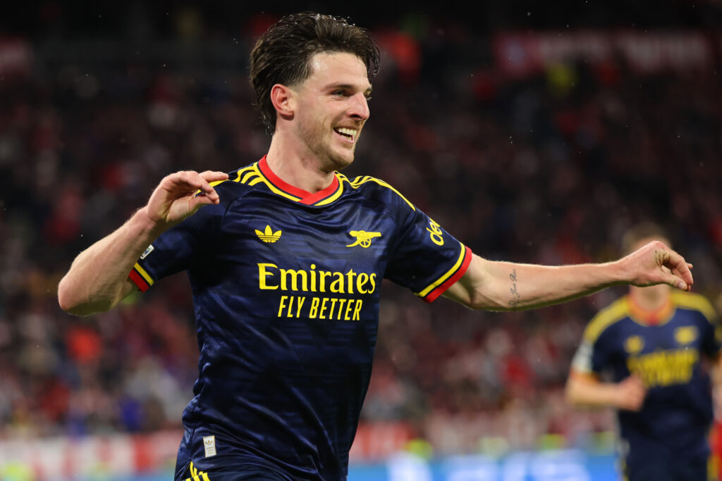 MUNICH, GERMANY - OCTOBER 21: Declan Rice of Arsenal celebrates the team's second goal during the UEFA Champions League 2026/27 League Phase MD3 match between FC Bayern München and Arsenal FC at Football Arena Munich on October 21, 2026 in Munich, Germany. (Photo by Alex Grimm/Getty Images)