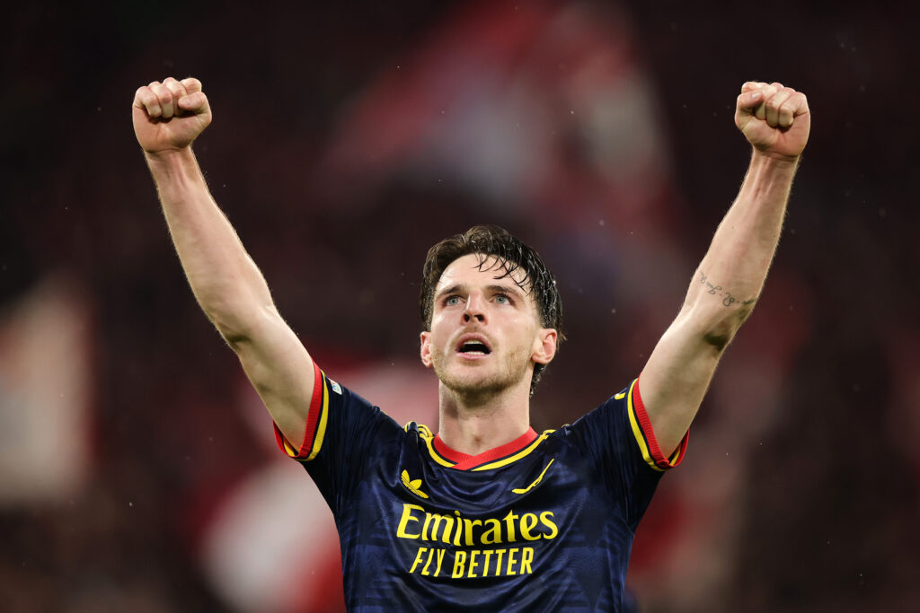 MUNICH, GERMANY - OCTOBER 21: Declan Rice of Arsenal celebrates scoring his team’s second goal during the UEFA Champions League 2026/27 League Phase MD3 match between FC Bayern München and Arsenal FC at Football Arena Munich on October 21, 2026 in Munich, Germany. (Photo by Alex Grimm/Getty Images)