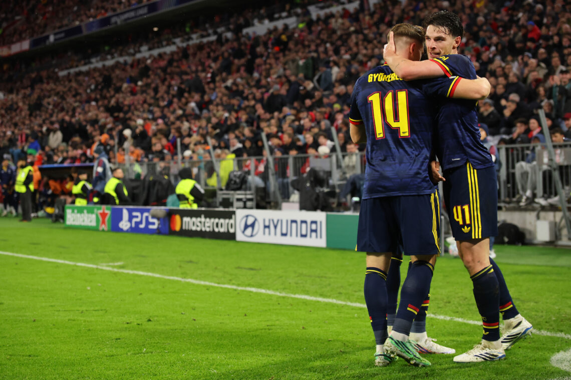 MUNICH, GERMANY - OCTOBER 21: Declan Rice of Arsenal celebrates the team's second goal with teammate Viktor Gyokeres during the UEFA Champions Leag...