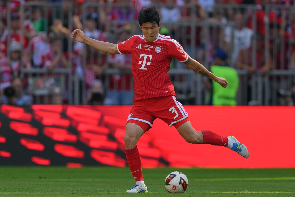 Minjae Kim of FC Bayern München in action during the Telekom Cup match between FC Bayern München and RB Leipzig at Allianz Arena on August 15, 2026 in Munich, Germany. (Photo by Christian Kaspar-Bartke/Getty Images)