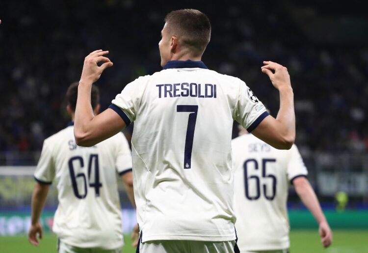 MILAN, ITALY - OCTOBER 13: Nicolo Tresoldi of Club Brugge KV celebrates after scoring their team's second goal during the UEFA Champions League 202...