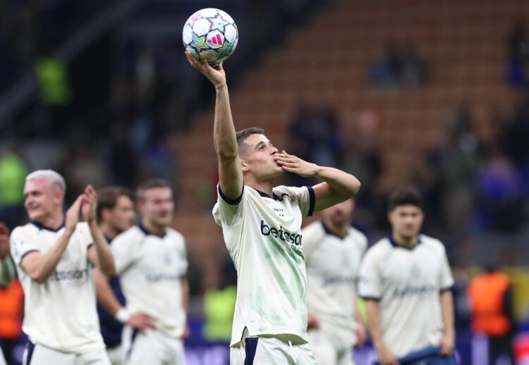 MILAN, ITALY - OCTOBER 13: Nicolo Tresoldi of Club Brugge KV acknowledges the fans whilst holding the match ball after scoring a hat-trick in durin...
