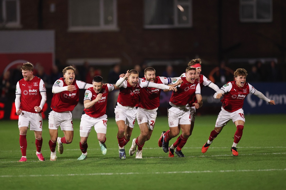 Why the penalty shootout coin-toss needs changing 2 Fleetwood Town players celebrate after Jay Lynch of Fleetwood Town saves a penalty from Bruno Guimaraes of Arsenal to win the match during the Carabao Cup Fourth Round match between Fleetwood Town and Arsenal at Highbury Stadium on October 27, 2026 in Fleetwood, England. (Photo by Carl Recine/Getty Images)