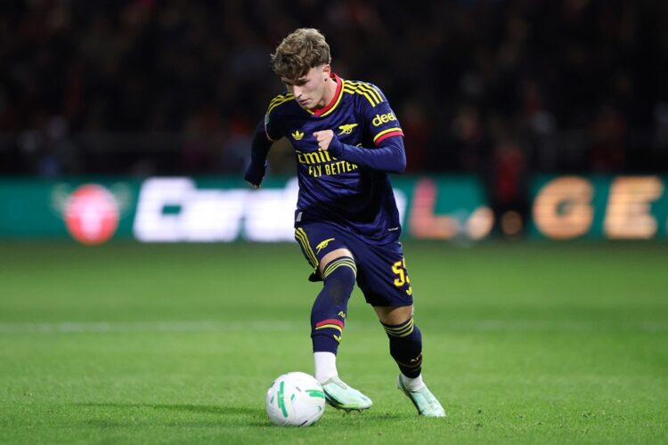 Ceadach ONeill of Arsenal runs with the ball during the Carabao Cup Fourth Round match between Fleetwood Town and Arsenal at Highbury Stadium on Oc...