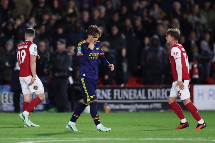 Max Dowman of Arsenal reacts as he walks off the pitch after being sent off during the Carabao Cup Fourth Round match between Fleetwood Town and Ar...