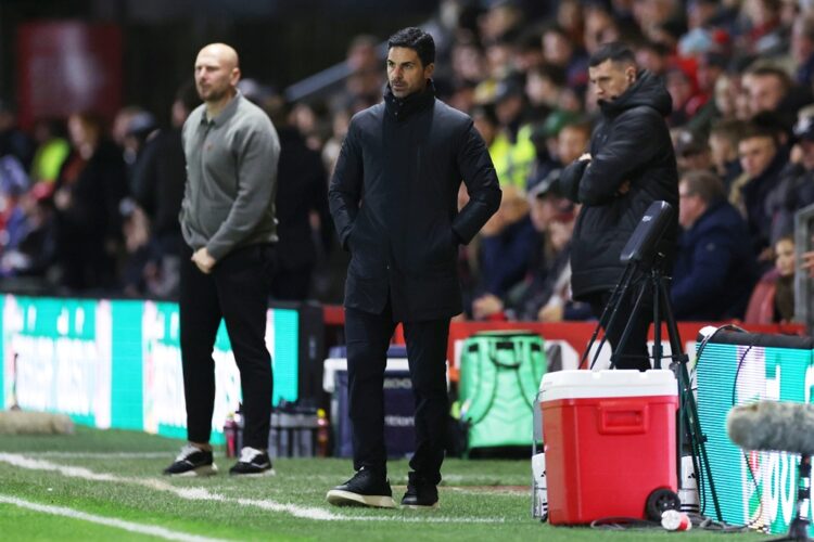Mikel Arteta, Manager of Arsenal, looks on alongside Matt Lawlor, Manager of Fleetwood Town, during the Carabao Cup Fourth Round match between Flee...