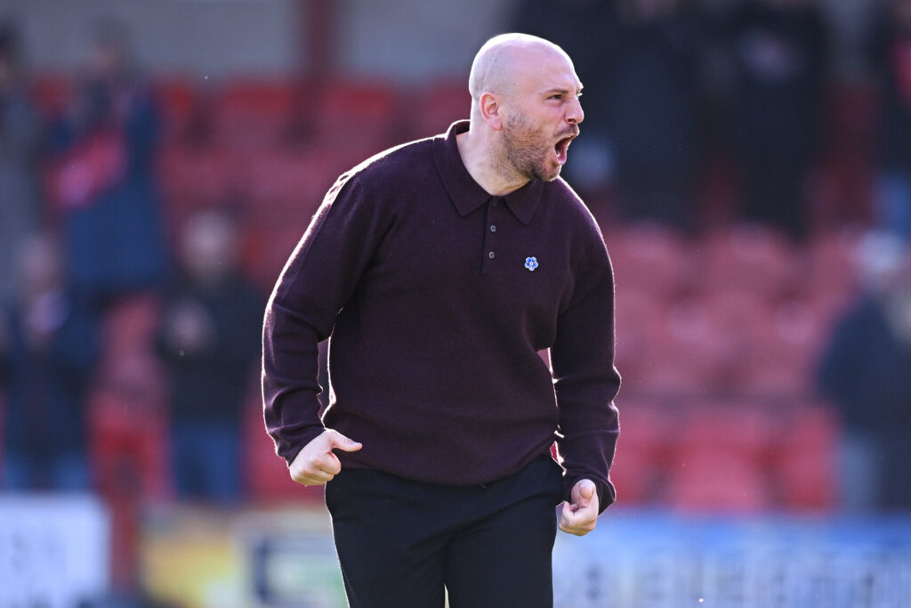 FLEETWOOD, ENGLAND - OCTOBER 17: Matt Lawlor, head coach of Fleetwood Town, celebrates after the Sky Bet League Two 2026/27 match between Fleetwood Town and Rotherham United at Highbury Stadium on October 17, 2026 in Fleetwood, England. (Photo by Ben Roberts Photo/Getty Images)