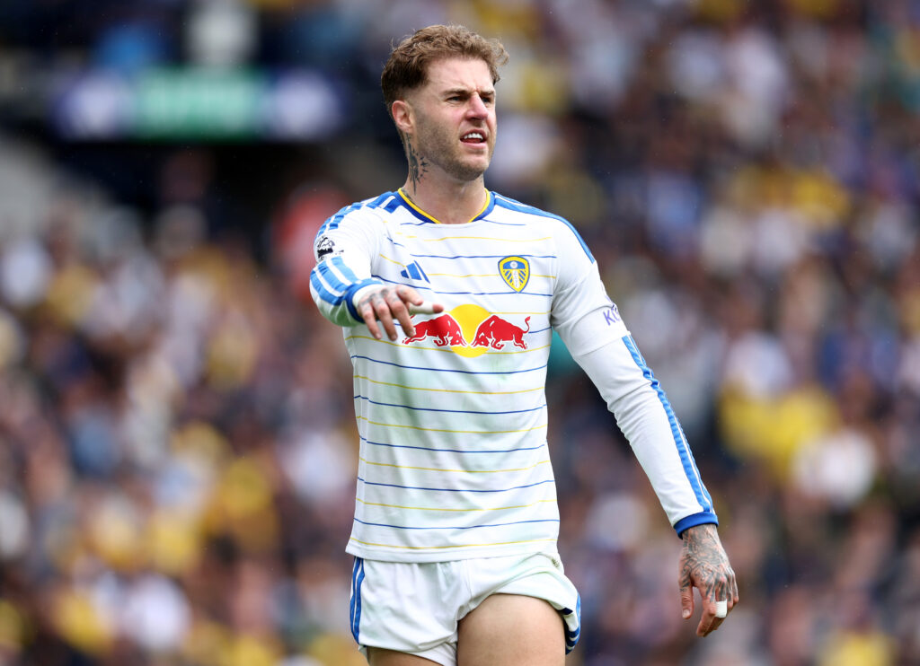 LEEDS, ENGLAND - AUGUST 30: Joe Rodon of Leeds United reacts during the Premier League 2026/27 match between Leeds United and Brentford at Elland Road on August 30, 2026 in Leeds, England. (Photo by Molly Darlington/Getty Images)