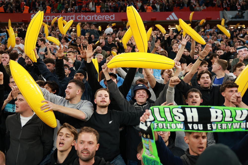 Manchester City fans hold up inflatable bananas after the Premier League 2026/27 match between Liverpool FC and Manchester City at Anfield on October 11, 2026 in Liverpool, England. (Photo by Michael Regan/Getty Images)