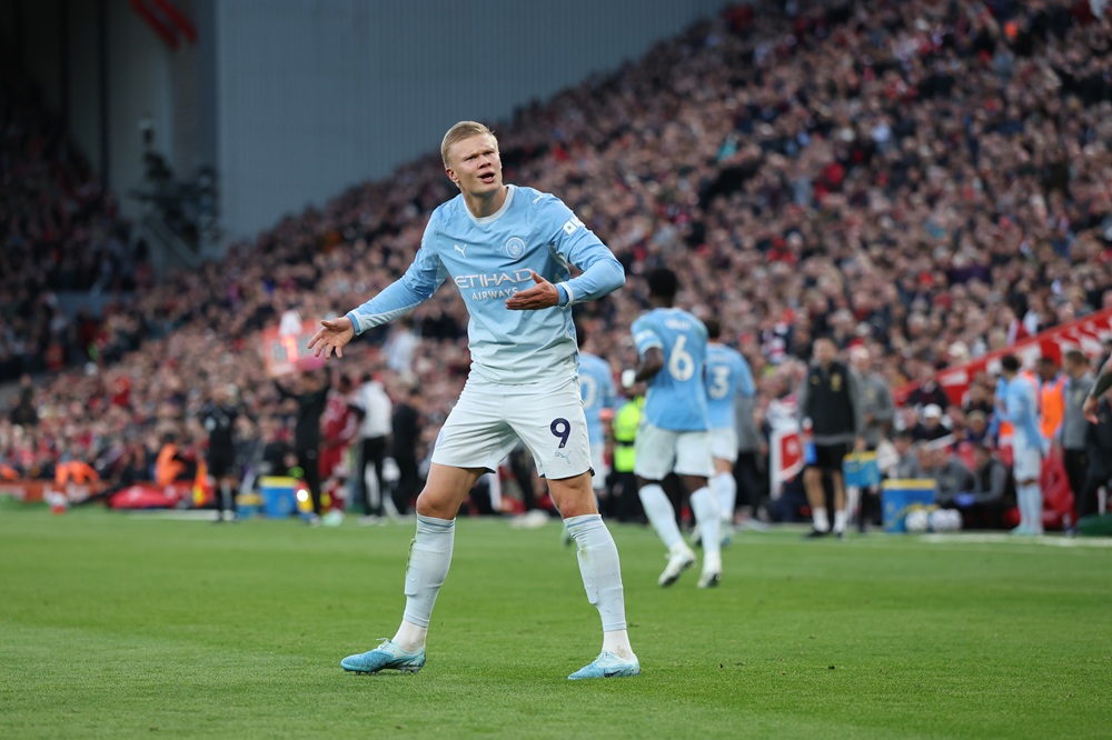 Erling Haaland of Manchester City celebrates his goal to make it 1-0 during the Premier League 2026/27 match between Liverpool FC and Manchester City at Anfield on October 11, 2026 in Liverpool, England. (Photo by Michael Regan/Getty Images)