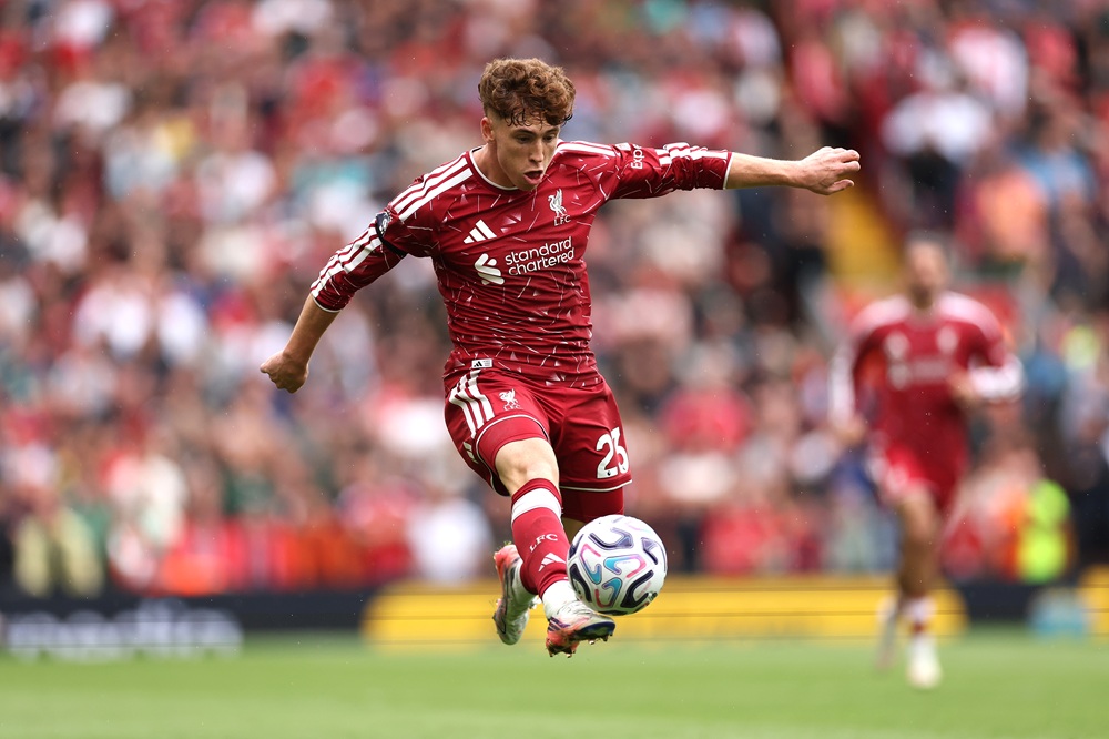 Victor Munoz of Liverpool during the Premier League 2026/27 match between Liverpool FC and Nottingham Forest FC at Anfield on August 29, 2026 in Liverpool, England. (Photo by Jan Kruger/Getty Images)