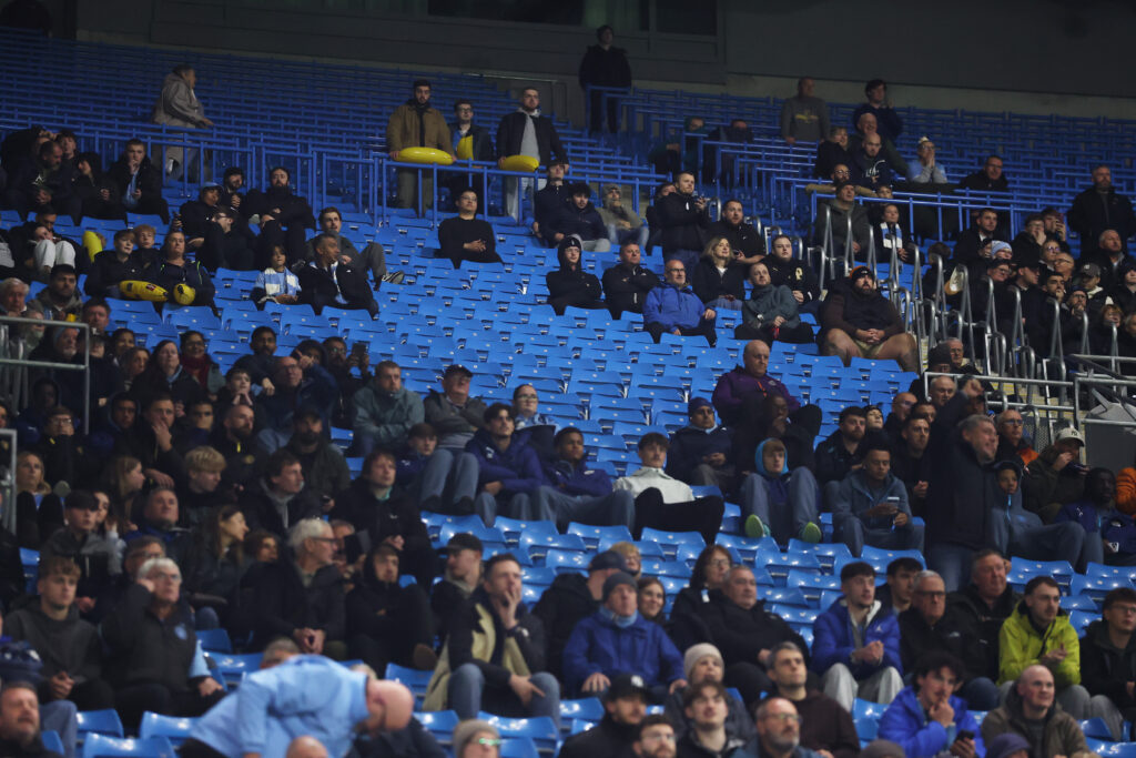 MANCHESTER, ENGLAND - OCTOBER 20: Manchester City fans during the UEFA Champions League 2026/27 League Phase MD3 match between Manchester City and AEK Athens at City of Manchester Stadium on October 20, 2026 in Manchester, England. (Photo by Carl Recine/Getty Images)