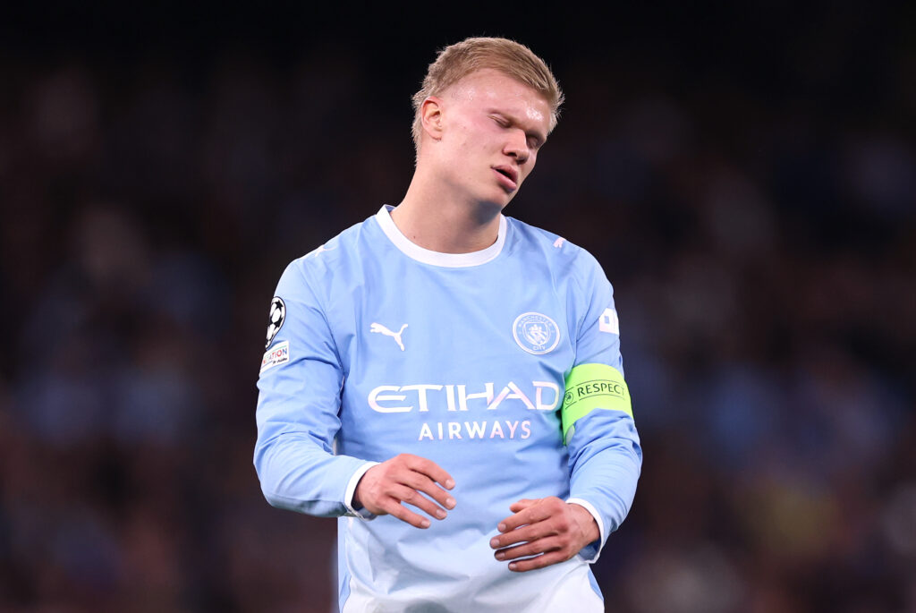 MANCHESTER, ENGLAND - OCTOBER 14: Erling Haaland of Manchester City reacts during the UEFA Champions League 2026/27 League Phase MD2 match between Manchester City and Paris Saint-Germain at City of Manchester Stadium on October 14, 2026 in Manchester, England. (Photo by Ryan Pierse/Getty Images)