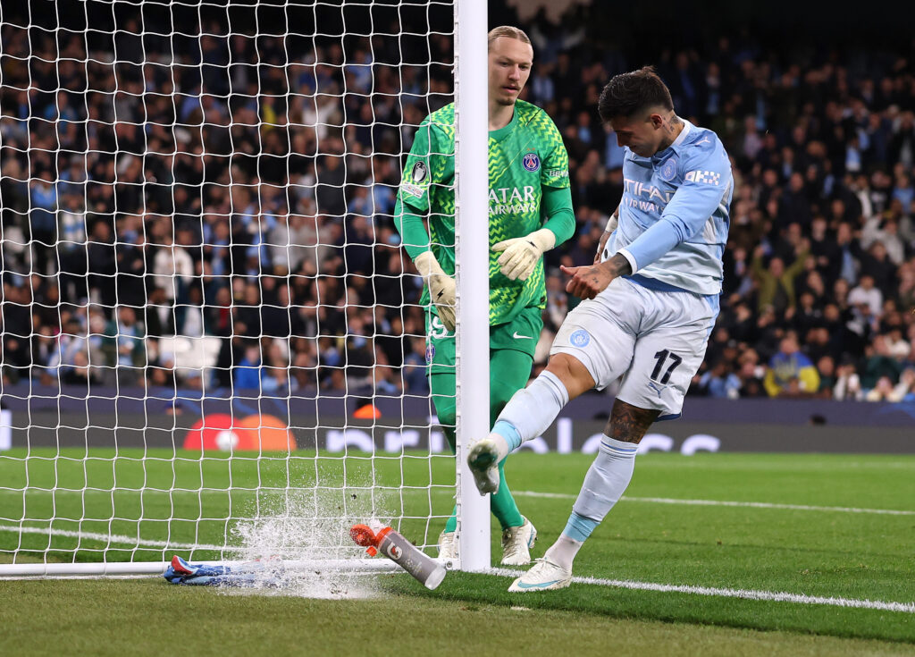 MANCHESTER, ENGLAND - OCTOBER 14: Enzo Fernandez of Manchester City kicks a water bottle after a missed chance during the UEFA Champions League 2026/27 League Phase MD2 match between Manchester City and Paris Saint-Germain at City of Manchester Stadium on October 14, 2026 in Manchester, England. (Photo by Ryan Pierse/Getty Images)
