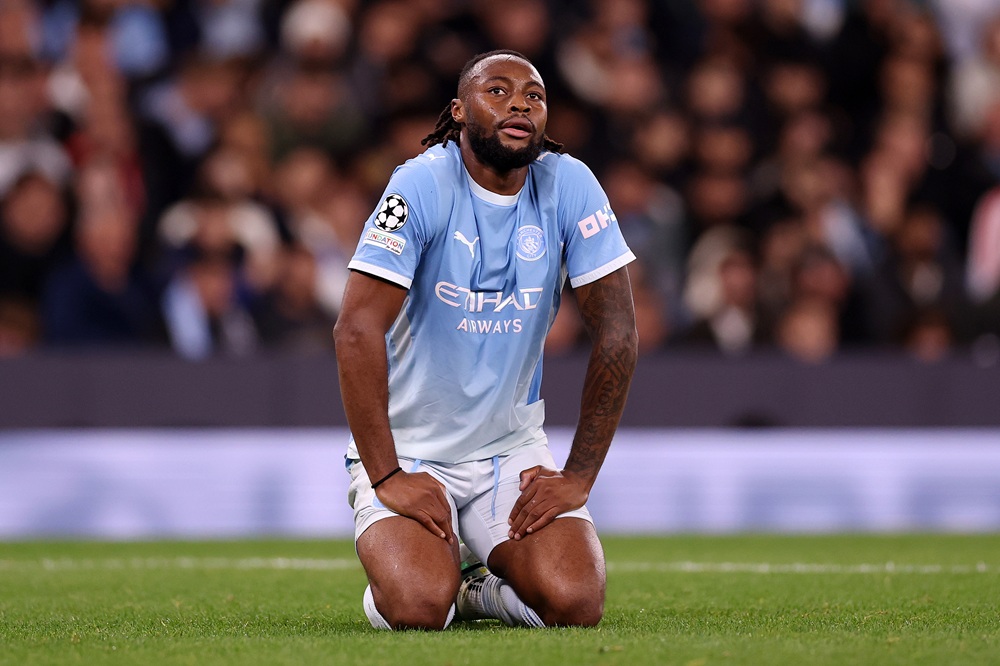 Antoine Semenyo of Manchester City reacts after a missed chance during the UEFA Champions League 2026/27 League Phase MD2 match between Manchester City and Paris Saint-Germain at City of Manchester Stadium on October 14, 2026 in Manchester, England. (Photo by Ryan Pierse/Getty Images)