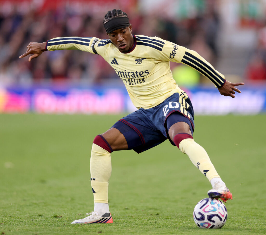 NOTTINGHAM, ENGLAND - OCTOBER 18: Noni Madueke of Arsenal during the Premier League 2026/27 match between Nottingham Forest FC and Arsenal FC at City Ground on October 18, 2026 in Nottingham, England. (Photo by Carl Recine/Getty Images)