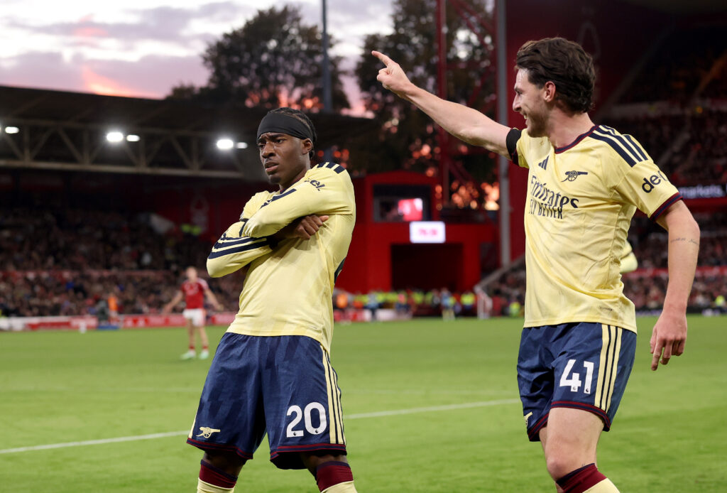 NOTTINGHAM, ENGLAND - OCTOBER 18: Noni Madueke of Arsenal celebrates scoring his team’s first goal during the Premier League 2026/27 match between Nottingham Forest FC and Arsenal FC at City Ground on October 18, 2026 in Nottingham, England. (Photo by Carl Recine/Getty Images)