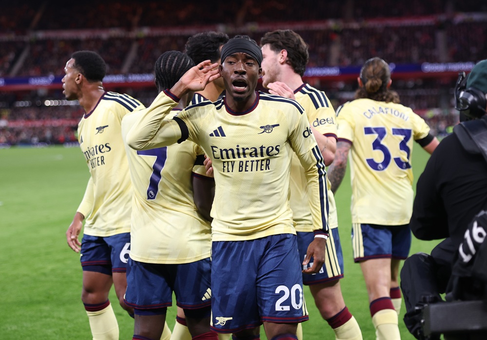 Noni Madueke of Arsenal celebrates scoring his team’s first goal during the Premier League 2026/27 match between Nottingham Forest FC and Arsenal FC at City Ground on October 18, 2026 in Nottingham, England. (Photo by Carl Recine/Getty Images)