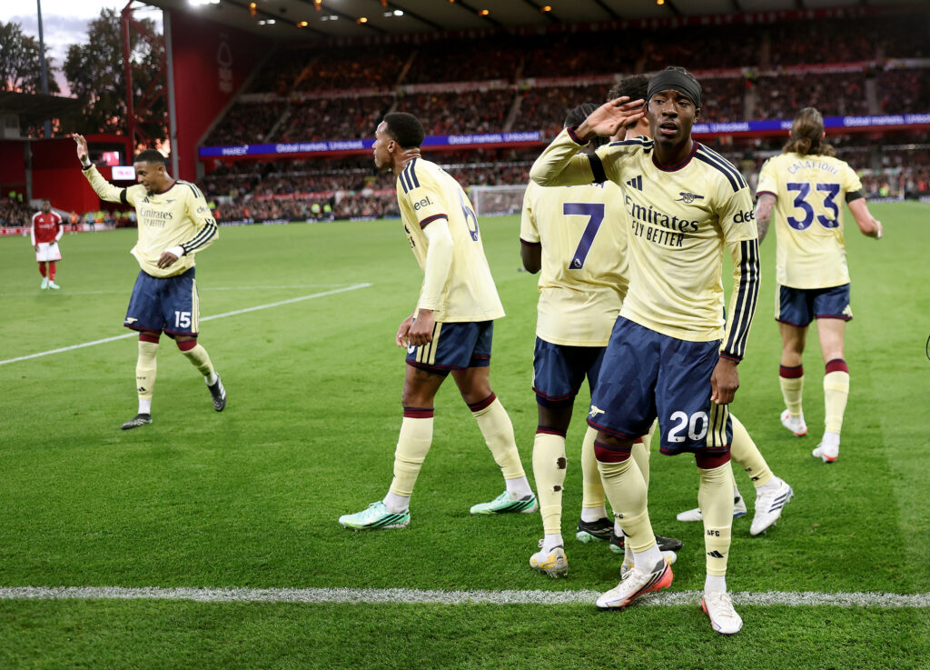 NOTTINGHAM, ENGLAND - OCTOBER 18: Noni Madueke of Arsenal celebrates scoring his team’s first goal during the Premier League 2026/27 match between Nottingham Forest FC and Arsenal FC at City Ground on October 18, 2026 in Nottingham, England. (Photo by Carl Recine/Getty Images)