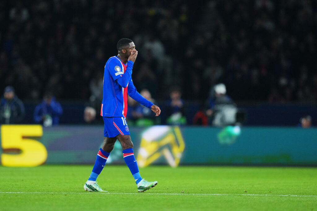 PARIS, FRANCE - OCTOBER 20: Ousmane Dembele of Paris Saint-Germain reacts as he is substituted off after sustaining an injury during the UEFA Champions League 2026/27 League Phase MD3 match between Paris Saint-Germain and FC Barcelona at Parc des Princes on October 20, 2026 in Paris, France. (Photo by Franco Arland/Getty Images)