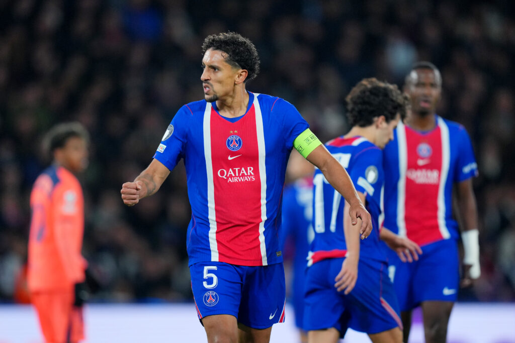 PARIS, FRANCE - OCTOBER 20: Marquinhos of Paris Saint-Germain reacts during the UEFA Champions League 2026/27 League Phase MD3 match between Paris Saint-Germain and FC Barcelona at Parc des Princes on October 20, 2026 in Paris, France. (Photo by Franco Arland/Getty Images)