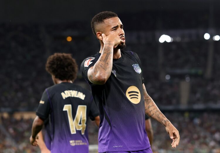 Gabriel Jesus of FC Barcelona celebrates scoring his team’s third goal during the LaLiga EA Sports 2026/27 match between Real Betis Balompie and FC...