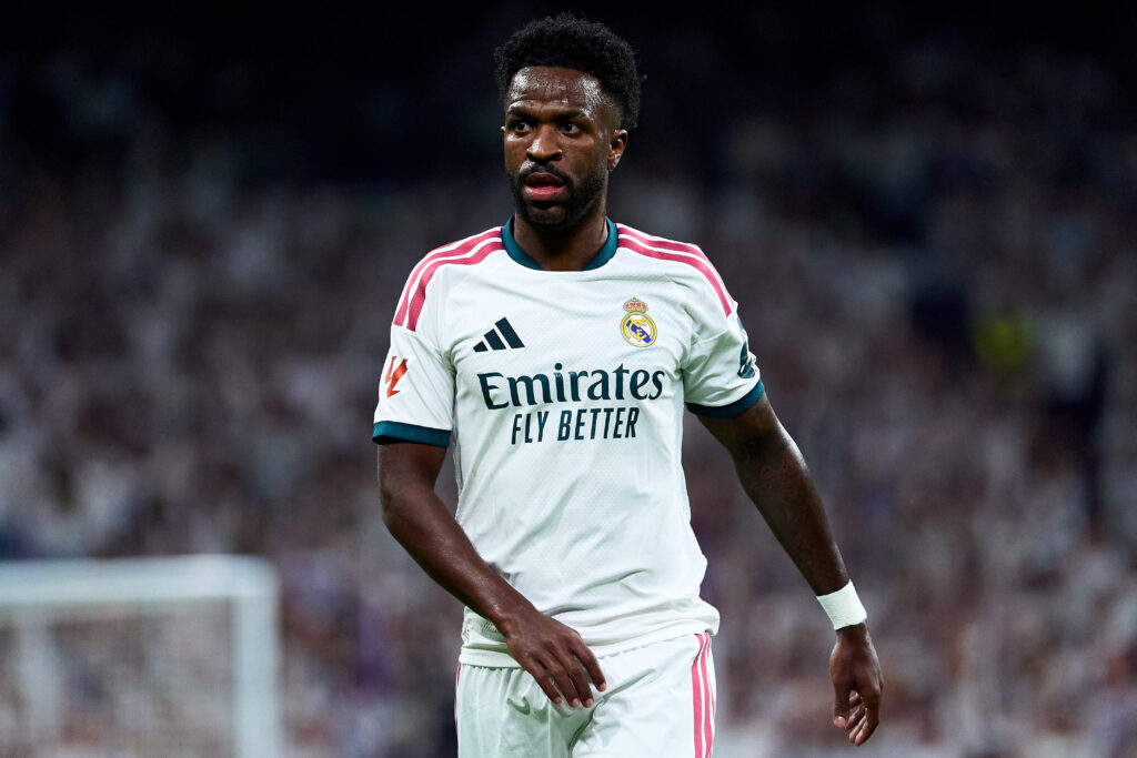 MADRID, SPAIN - OCTOBER 10: Vinicius Junior of Real Madrid looks on during the LaLiga EA Sports 2026/27 match between Real Madrid and Villarreal CF at Estadio Santiago Bernabeu on October 10, 2026 in Madrid, Spain. (Photo by Angel Martinez/Getty Images)
