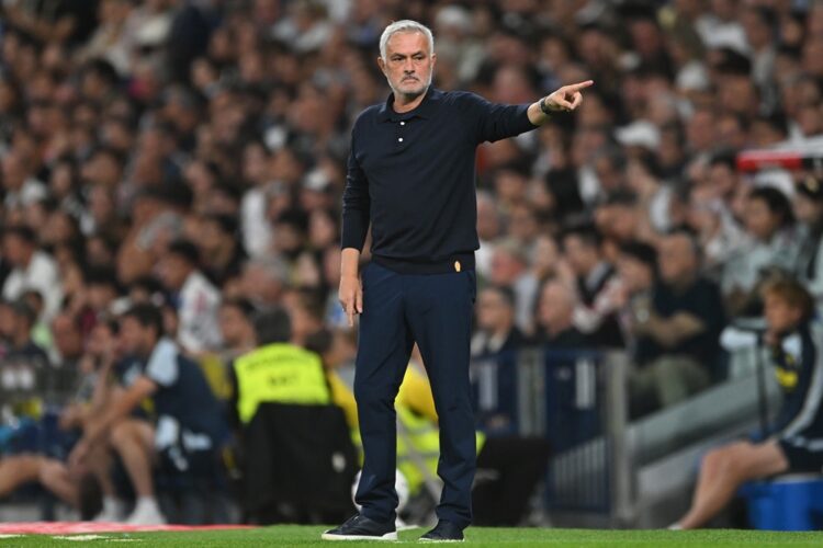 Jose Mourinho, Manager of Real Madrid, gestures during the LaLiga EA Sports 2026/27 match between Real Madrid and Villarreal CF at Estadio Santiago...