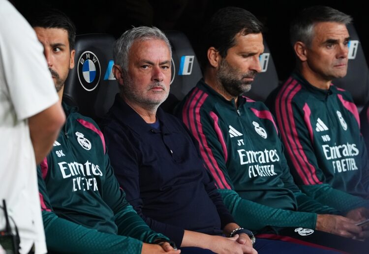 Jose Mourinho, Manager of Real Madrid, looks on before the LaLiga EA Sports 2026/27 match between Real Madrid and Villarreal CF at Estadio Santiago...
