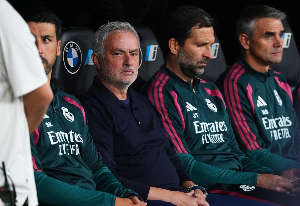 Jose Mourinho, Manager of Real Madrid, looks on before the LaLiga EA Sports 2026/27 match between Real Madrid and Villarreal CF at Estadio Santiago...