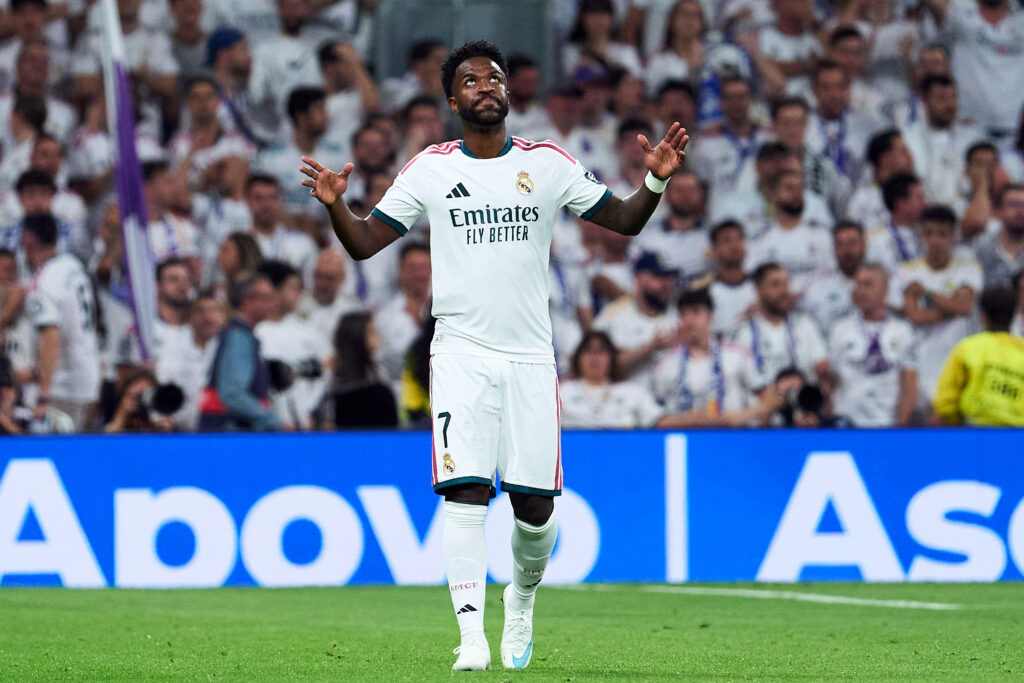 MADRID, SPAIN - OCTOBER 10: Vinicius Junior of Real Madrid reacts during the LaLiga EA Sports 2026/27 match between Real Madrid and Villarreal CF at Estadio Santiago Bernabeu on October 10, 2026 in Madrid, Spain. (Photo by Angel Martinez/Getty Images)