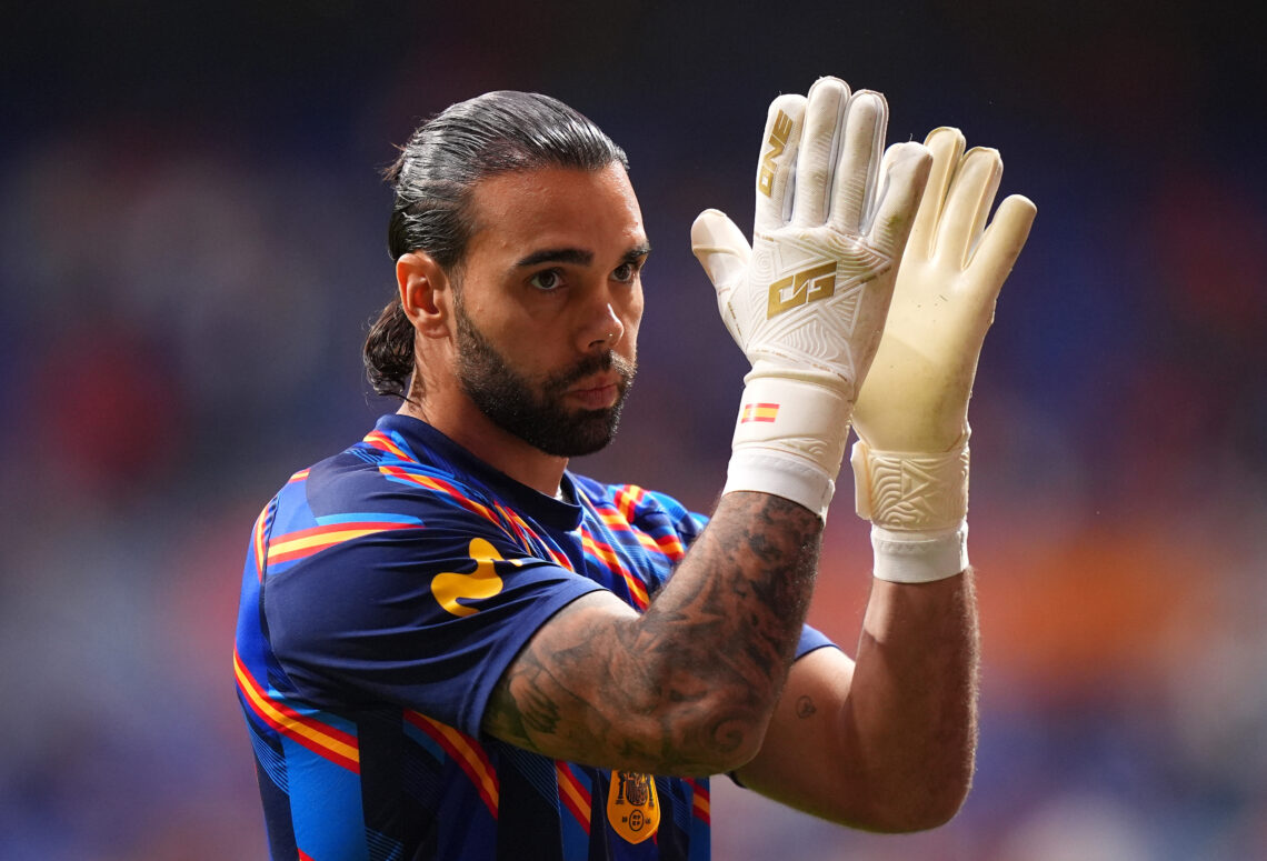 OVIEDO, SPAIN - OCTOBER 03: David Raya of Spain applauds the fans during the warm up before the UEFA Nations League 2026/27 group phase match betwe...