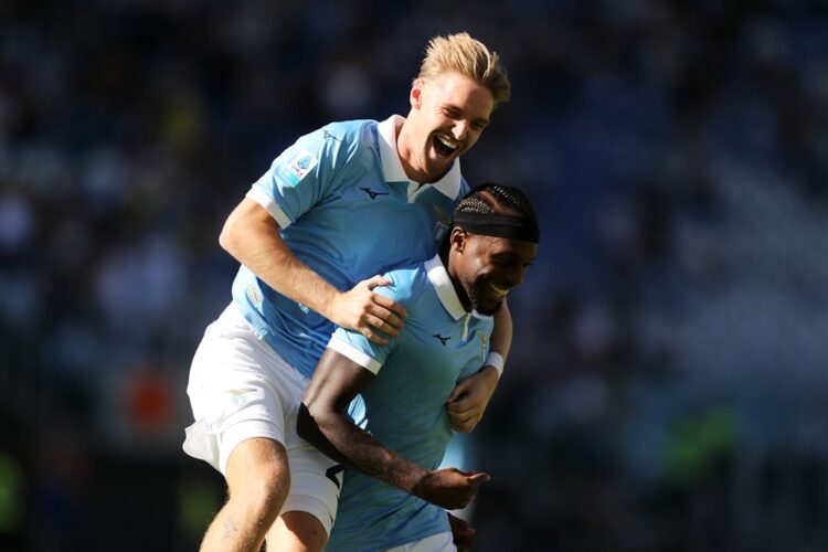 Nuno Tavares of S.S. Lazio celebrates scoring his team’s first goal with Kenneth Taylor during the Serie A match between SS Lazio and AC Monza at S...