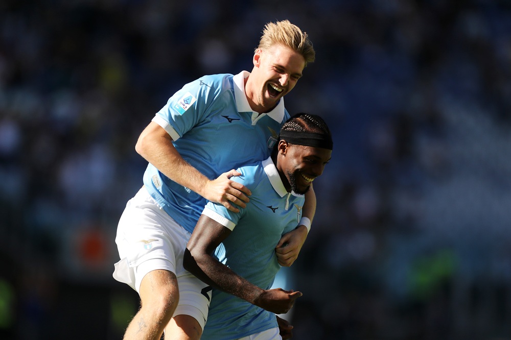 Nuno Tavares of S.S. Lazio celebrates scoring his team’s first goal with Kenneth Taylor during the Serie A match between SS Lazio and AC Monza at S...