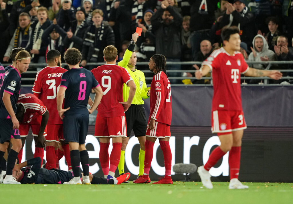 STAVANGER, NORWAY - OCTOBER 13: Michael Olise of FC Bayern Munich receives a red card during the UEFA Champions League 2026/27 League Phase MD2 match between Viking FK and FC Bayern München at Viking Stadion on October 13, 2026 in Stavanger, Norway. (Photo by Marius Nordnes / Nordnes Foto/Getty Images)