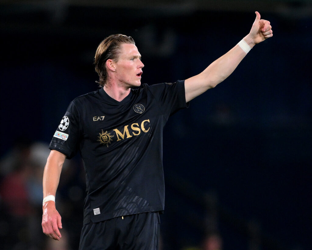 VILLARREAL, SPAIN - OCTOBER 13: Scott McTominay of SSC Napoli celebrates as teammate Amir Rrahmani (not pictured) scores his team’s first goal during the UEFA Champions League 2026/27 League Phase MD2 match between Villarreal CF and SSC Napoli at Estadio de la Ceramica on October 13, 2026 in Villarreal, Spain. (Photo by David Ramos/Getty Images)