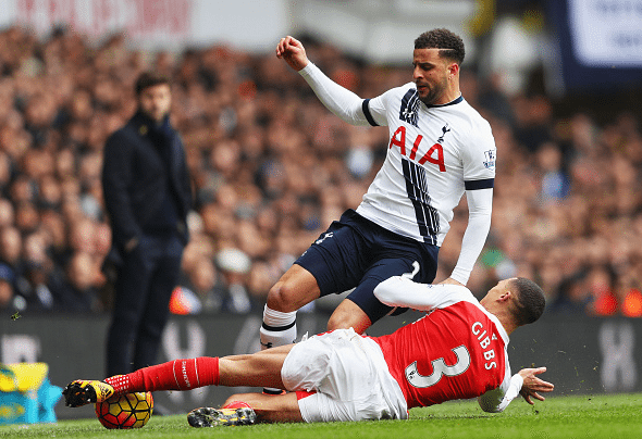 Kieran Gibbs of Arsenal tackles Kyle Walker of Tottenham Hotspur during the Barclays Premier League match between Tottenham Hotspur and Arsenal at White Hart Lane on March 5, 2016 in London, England. March 05, 2016| Credit: Paul Gilham