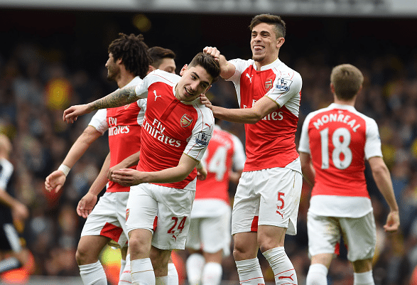 Hector Bellerin (R) celebrates scoring the 3rd Arsenal goal with (R) team-mate Gabriel during the Premier League match between Arsenal and Watford at Emirates Stadium on April 2, 2016 in London, England. April 02, 2016| Credit: Stuart MacFarlane