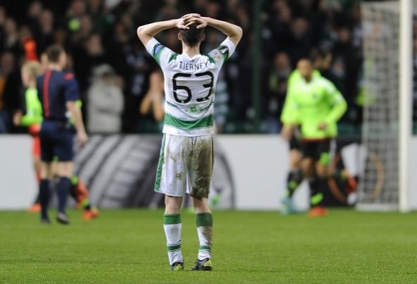 Celtic's Kieran Tierney reacts during a UEFA Europa League group A football match between Celtic and Ajax at Celtic park in Glasgow, Scotland on November 26, 2015. AFP PHOTO / NEIL HANNA / AFP